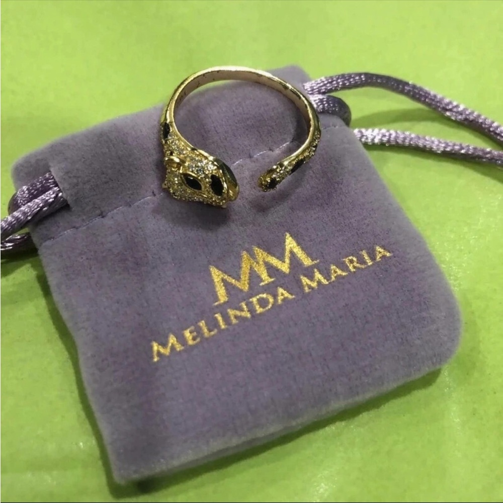 Melinda Maria Gold Jaguar Open Ring with Black Eye Accents